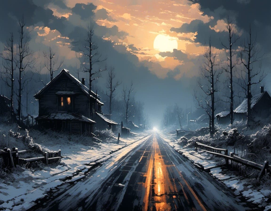 Desolate Highway in Nuclear Winter, Digital Watercolor Art