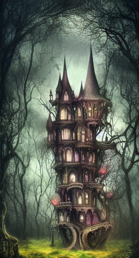 Dark Fairytale Witch Castle Treehouse, Digital Matte Paintin...