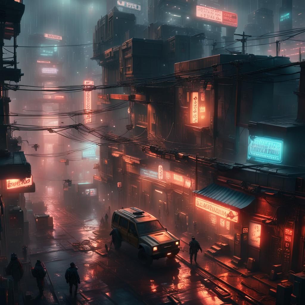 Cyberpunk Port City Under Golden Hour Glow