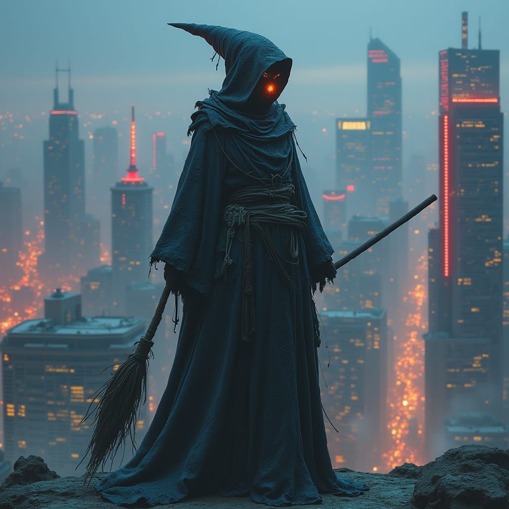 Cyberpunk Robot Witch Oversees Neon City