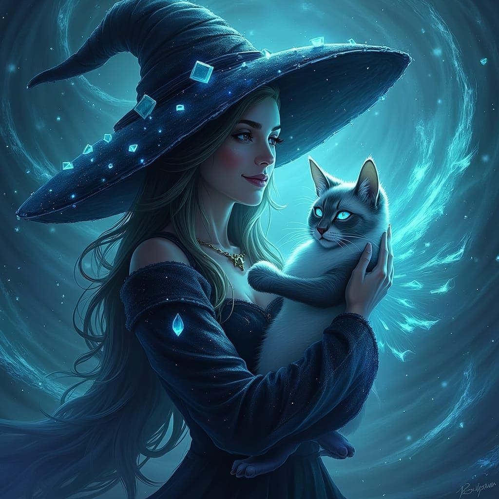 Cosmic Witch and Cat Fantasy Painting