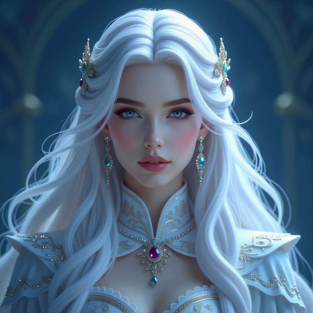 Elegant White-Haired Princess in Art Nouveau Style