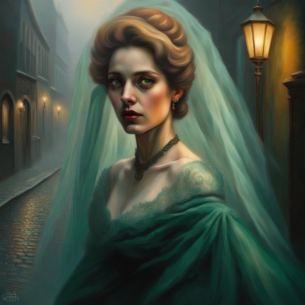 Veiled Woman in Fog: Surrealist Oil Painting