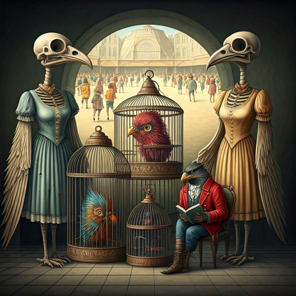 Surreal Landscape with Giant Bird Skeletons and Colorful Cre...