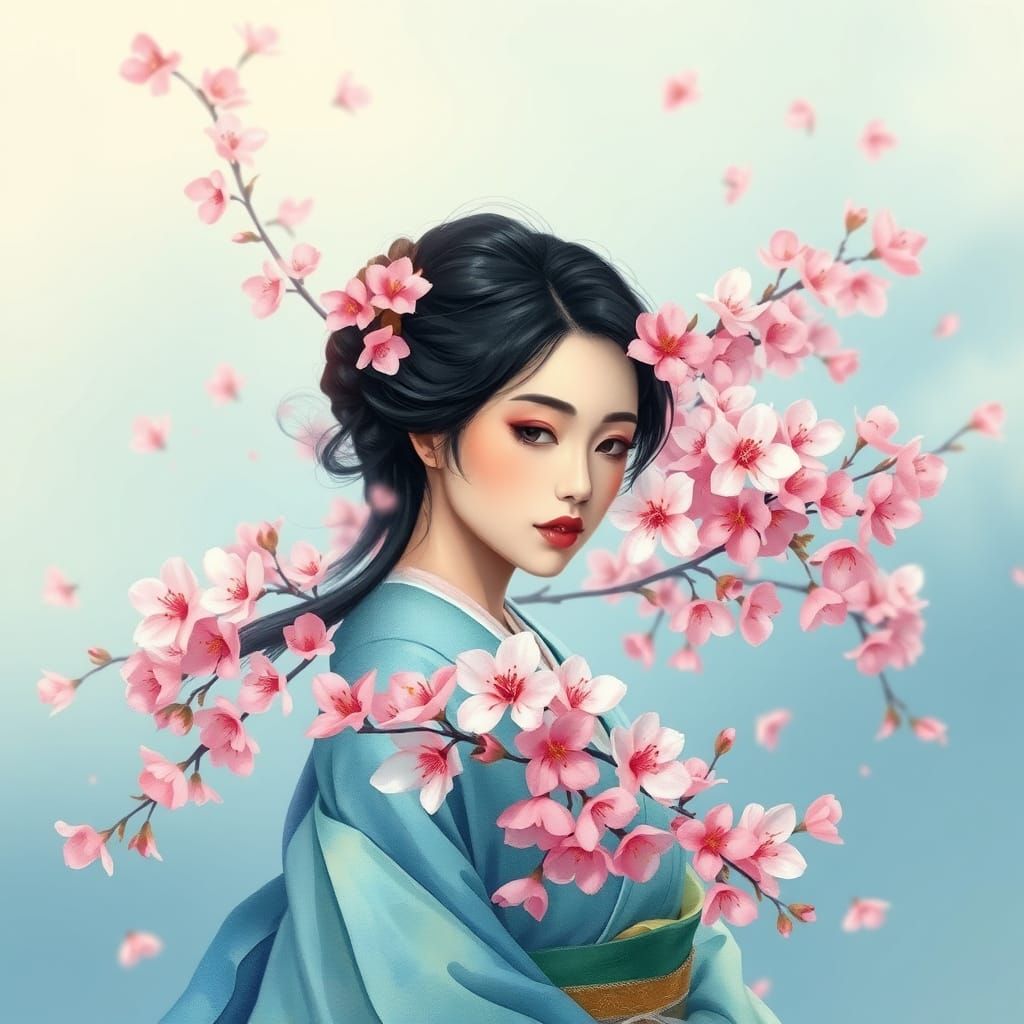 Serene Japanese Woman in Whirlwind of Cherry Blossoms, Water...