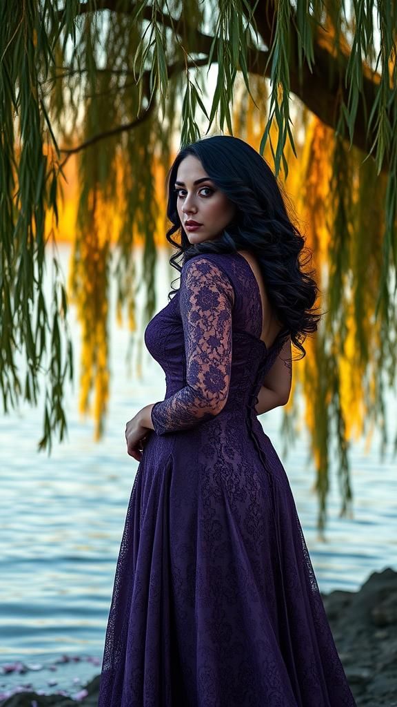 Plus-Sized Woman with Purple Hair in Lakeside Portrait