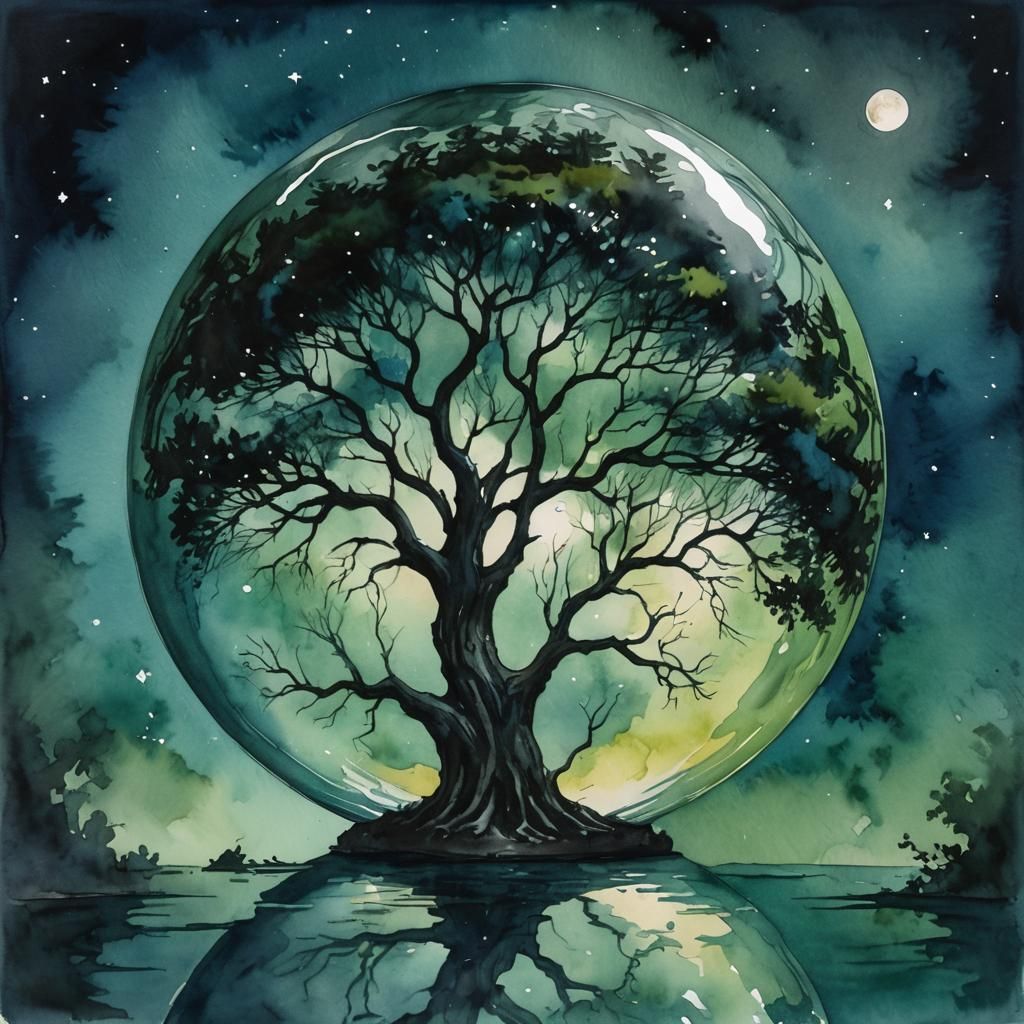 Moonlit Tree in Glass Sphere: Fluid Watercolor Painting