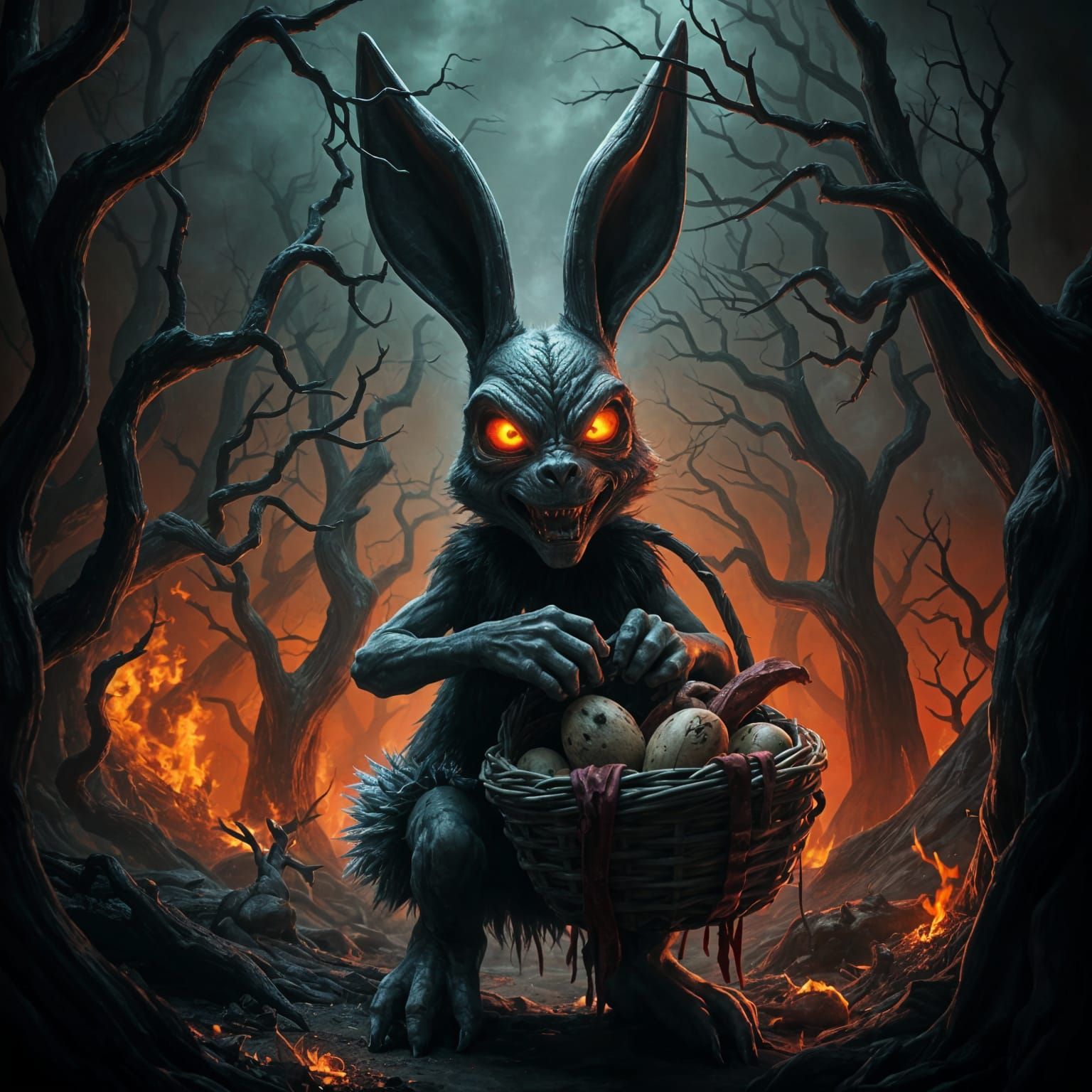 A grotesque, evil and demonic, dark demonic Easter Bunny in ...