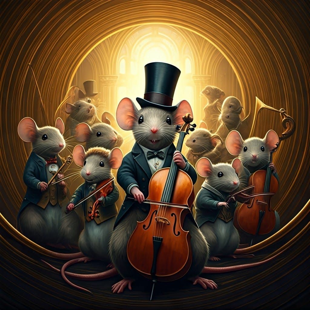 Mouse Orchestra Performs in Elegant Regalia Against Golden B...