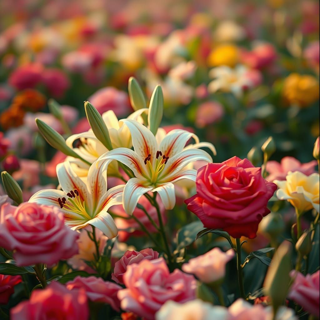 Vibrant Lilies and Roses in Cinematic Film Still