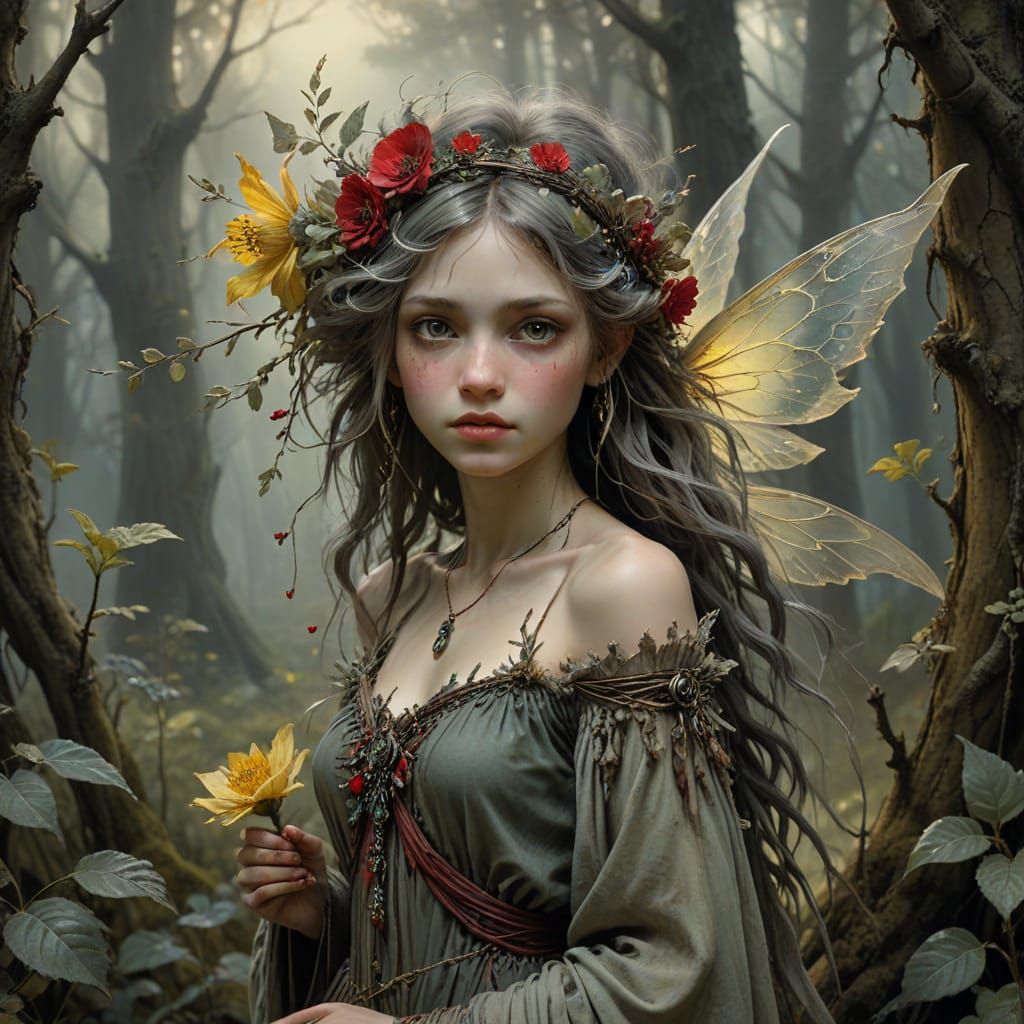 Bohemian Punk Fairy in Gnarled Forest Oil Painting