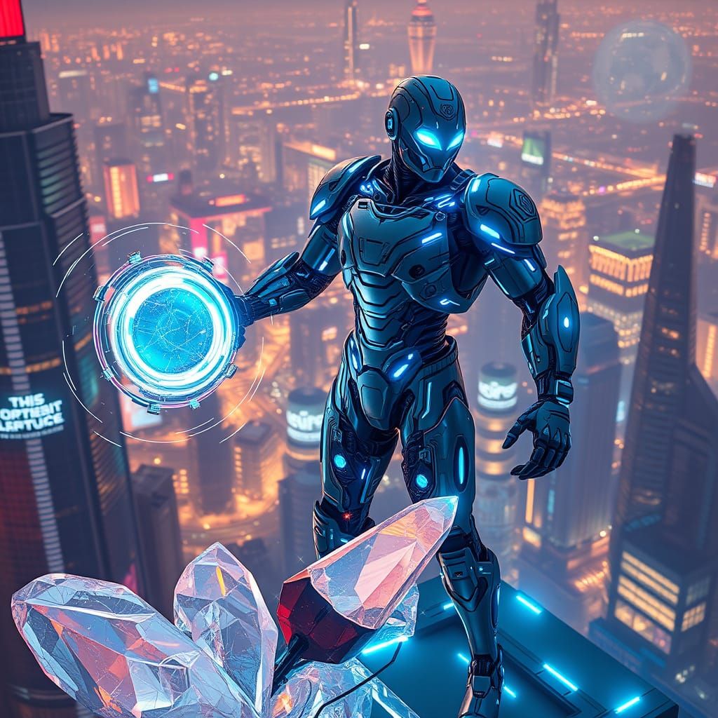 Cybernetic Hero Dominates Futuristic Cityscape