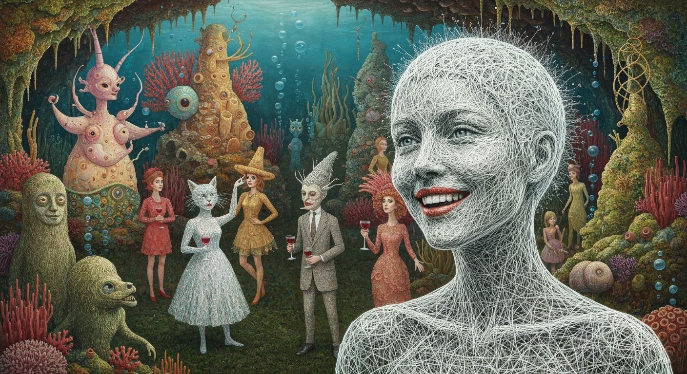 Surreal Undersea Garden Party with Whimsical Creatures