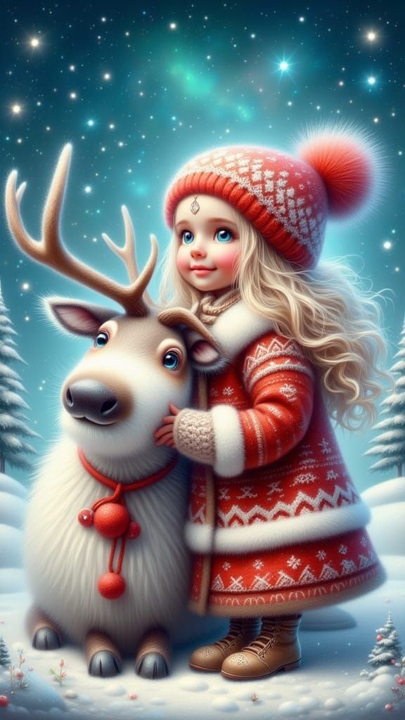 Girl and Reindeer in Magical Winter Wonderland