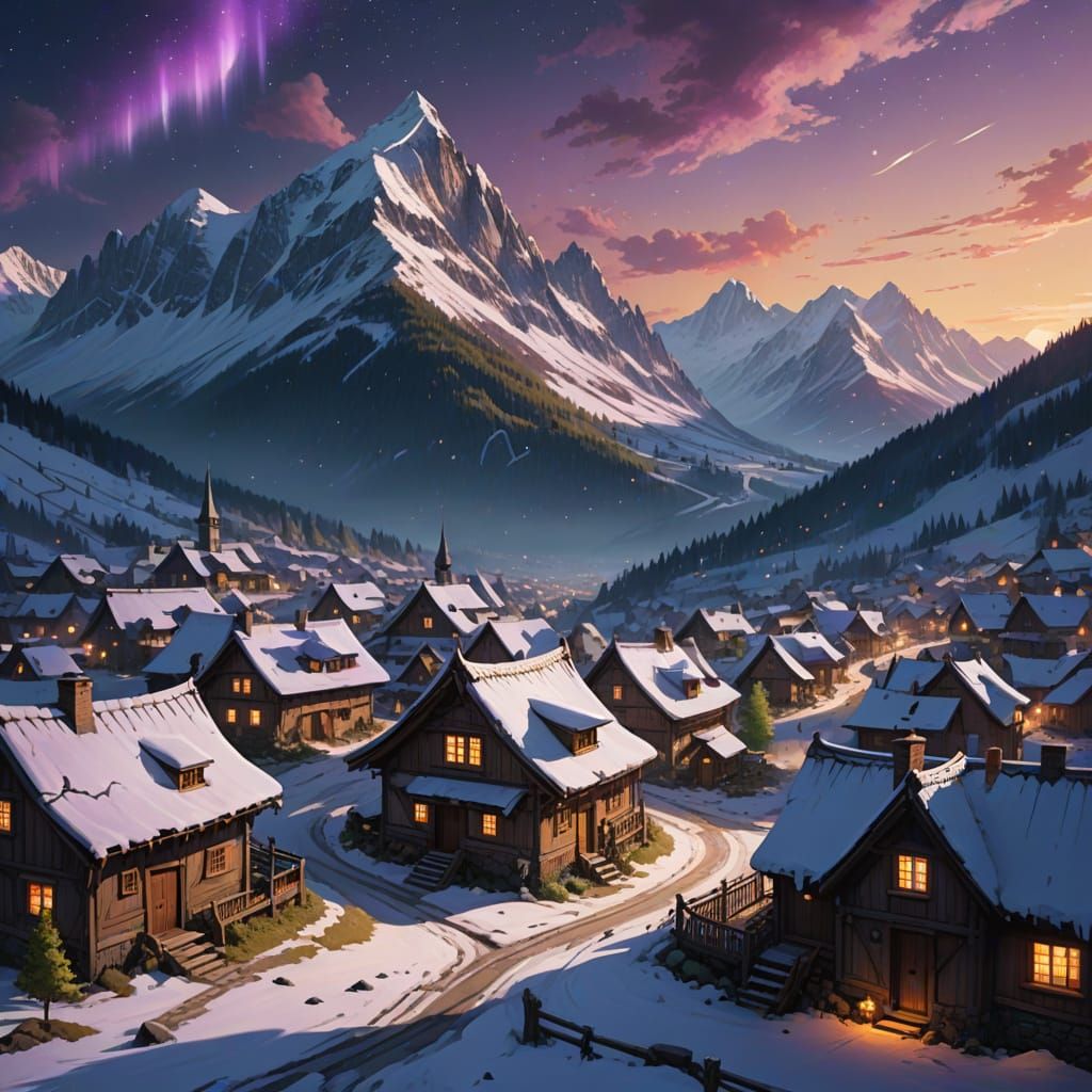 Mountain Village Under Vibrant Aurora Glow