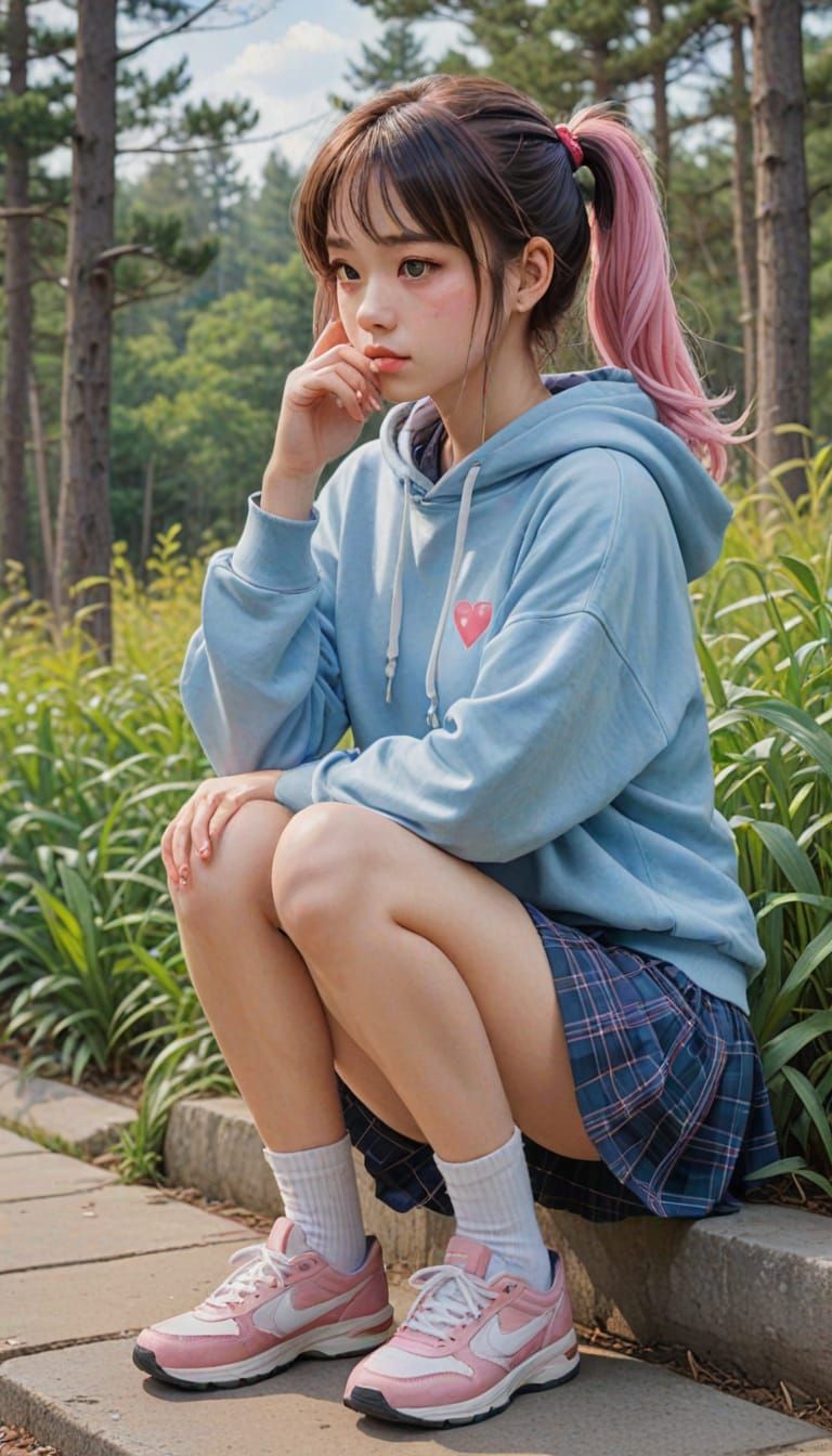 Anime Girl with Pink Pigtails in Gouache Style