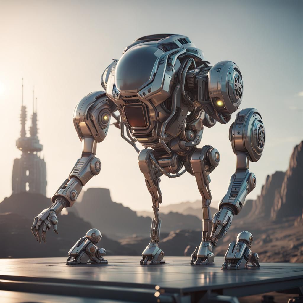 Large alien robot looking down at a chihuahua intricate mech details, ground level shot, 8K resolution, Cinema 4D, Behan...