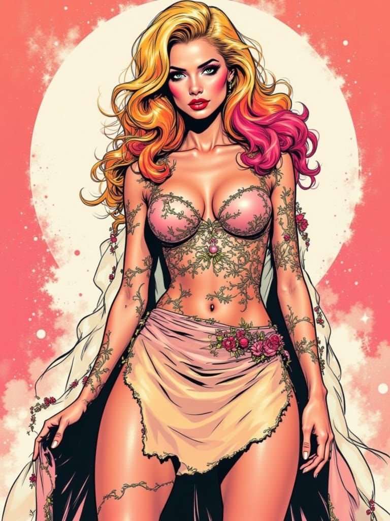Blonde Pin-Up with Pink Hair and Moon Halo