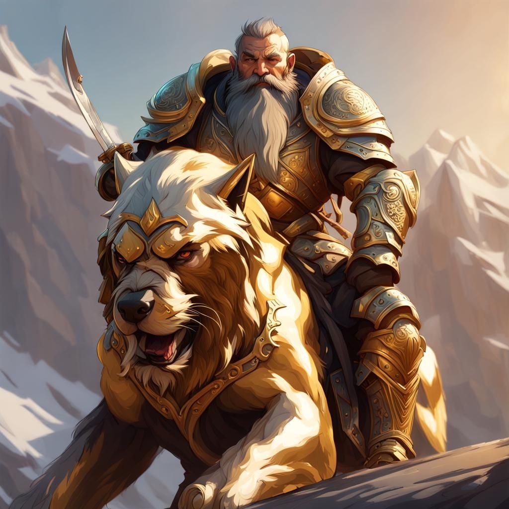 Golden Armored Dwarf and Mastiff Portrait