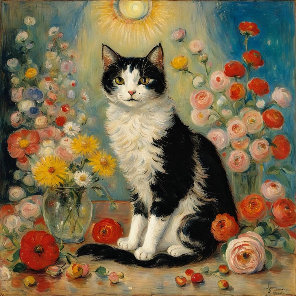 Cat on Pillow Surrounded by Flowers in Grotesque Style
