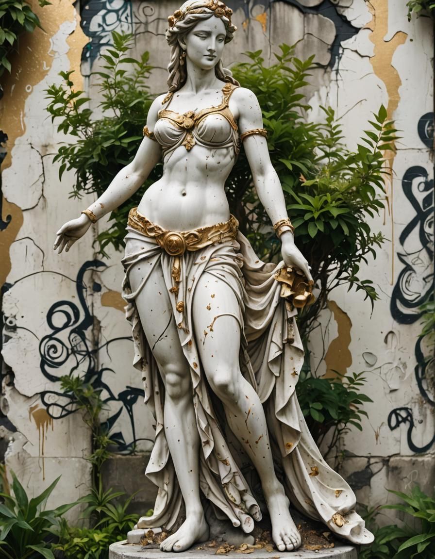 Aphrodite Statue in Graffiti Style with Greenery