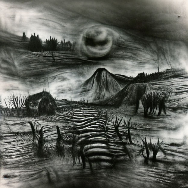 Eerie Charcoal Landscape: A Nightmarish Vision