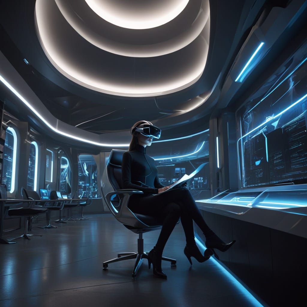 Sleek Futuristic Library in Cyberpunk Style