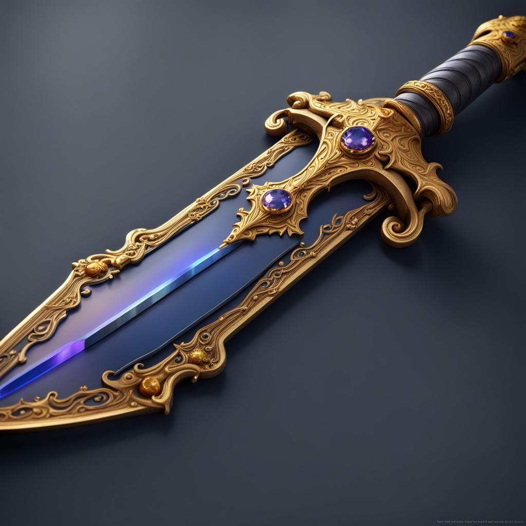 Gems Adorned Gold Great Sword in Detailed Digital Art