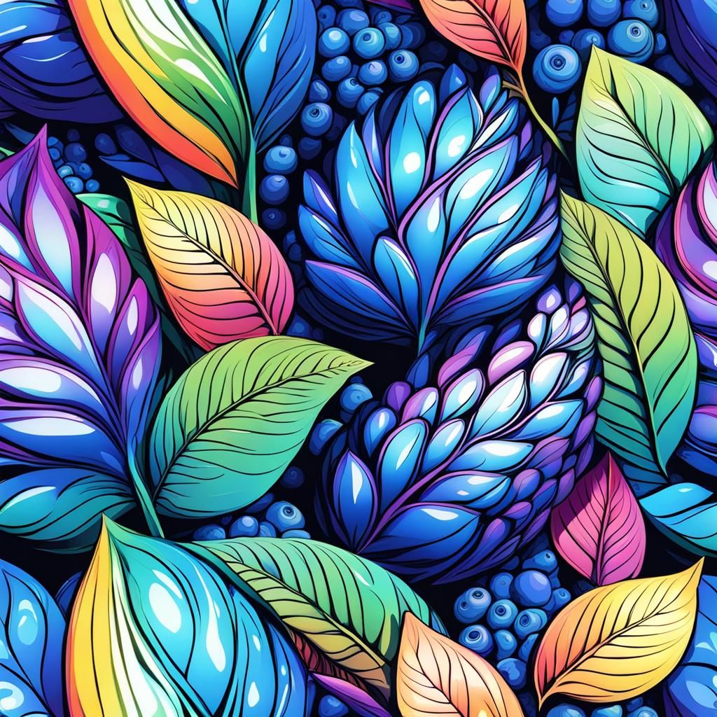 Giant Blueberries with Rainbow Leaves in a Surreal Field