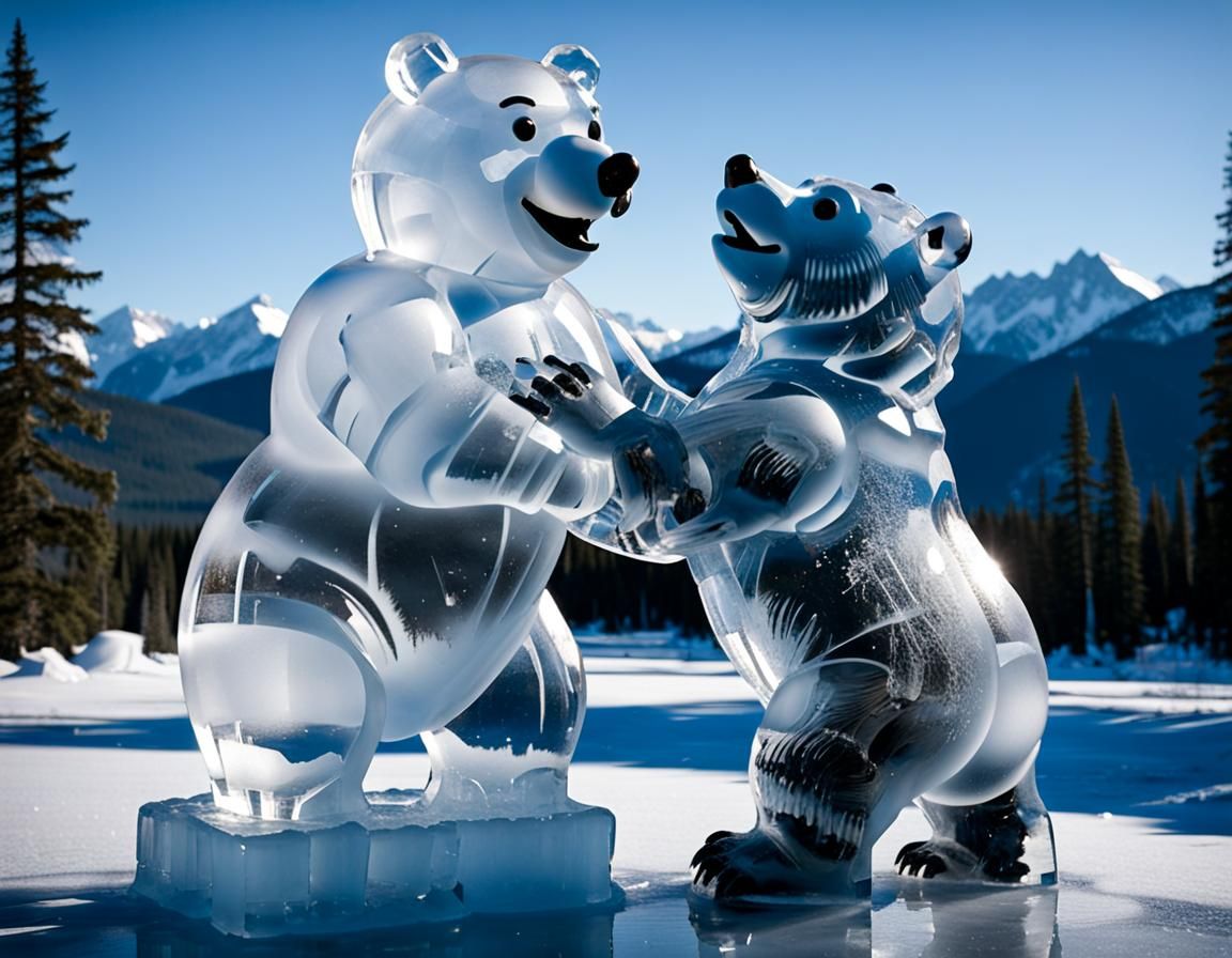 Snowman Builds Ice Bear Sculpture