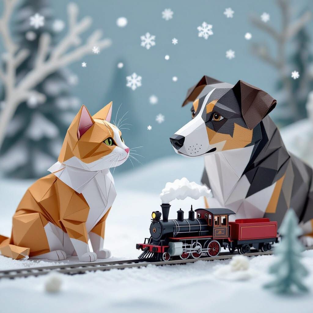 Origami Dog and Cat Watch Miniature Train in Winter