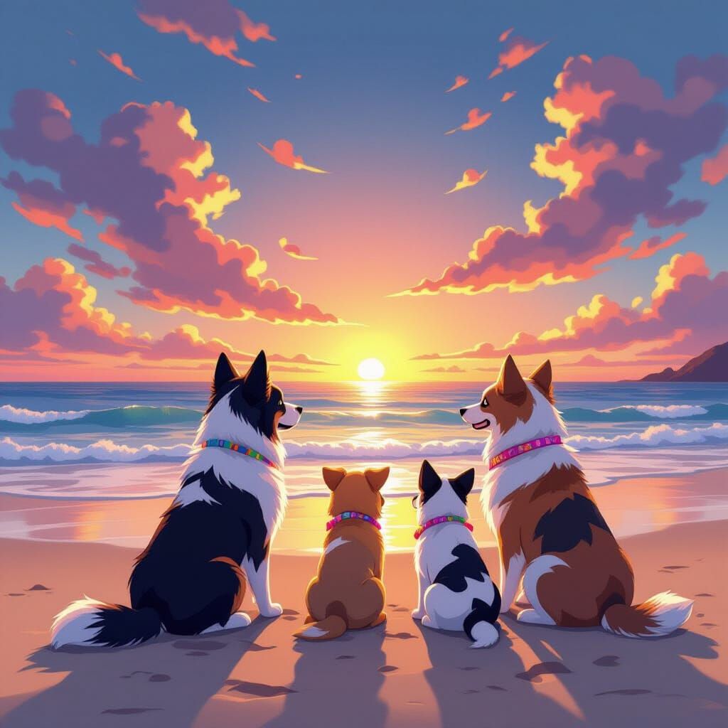 Dogs Enjoying Beach Sunset in 3D Anime Style