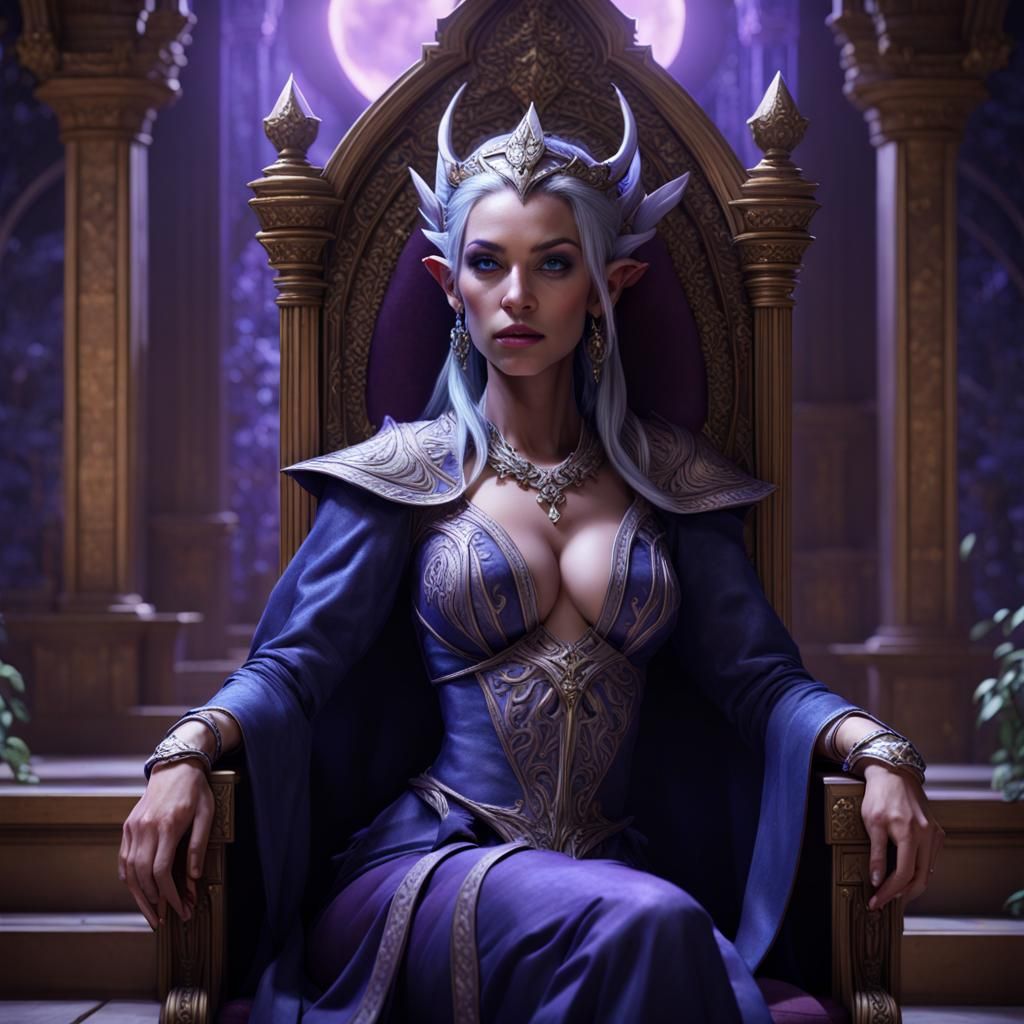 Moon Elf Queen in Garden Palace, Fantasy Art