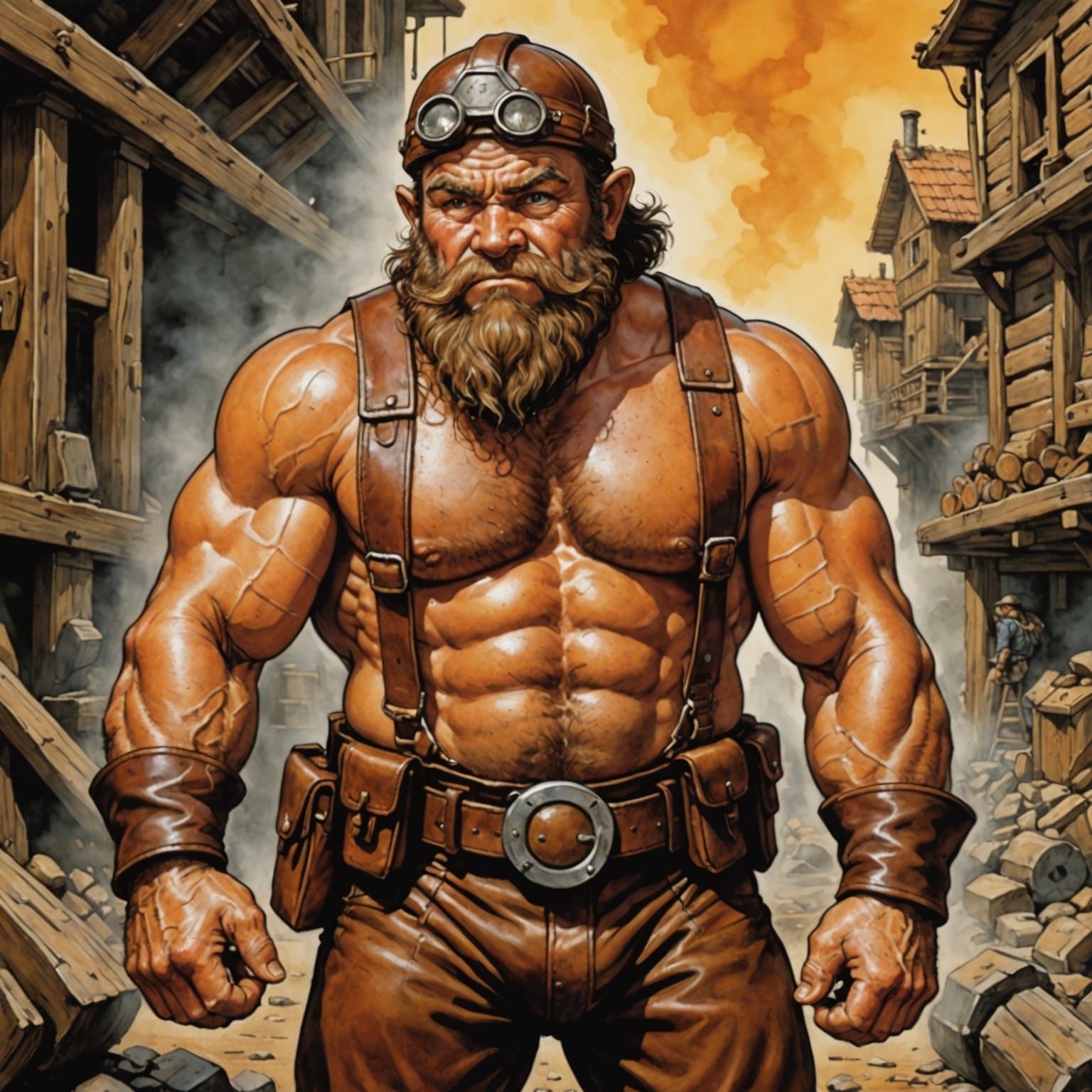 Muscular Dwarf Miner in Brown Leather