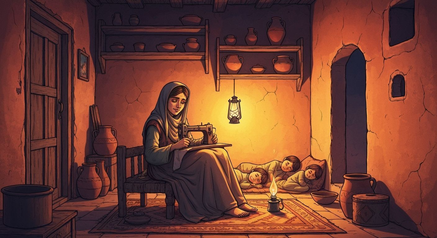 Fatima Sewing by Oil Lamp in Humble Home