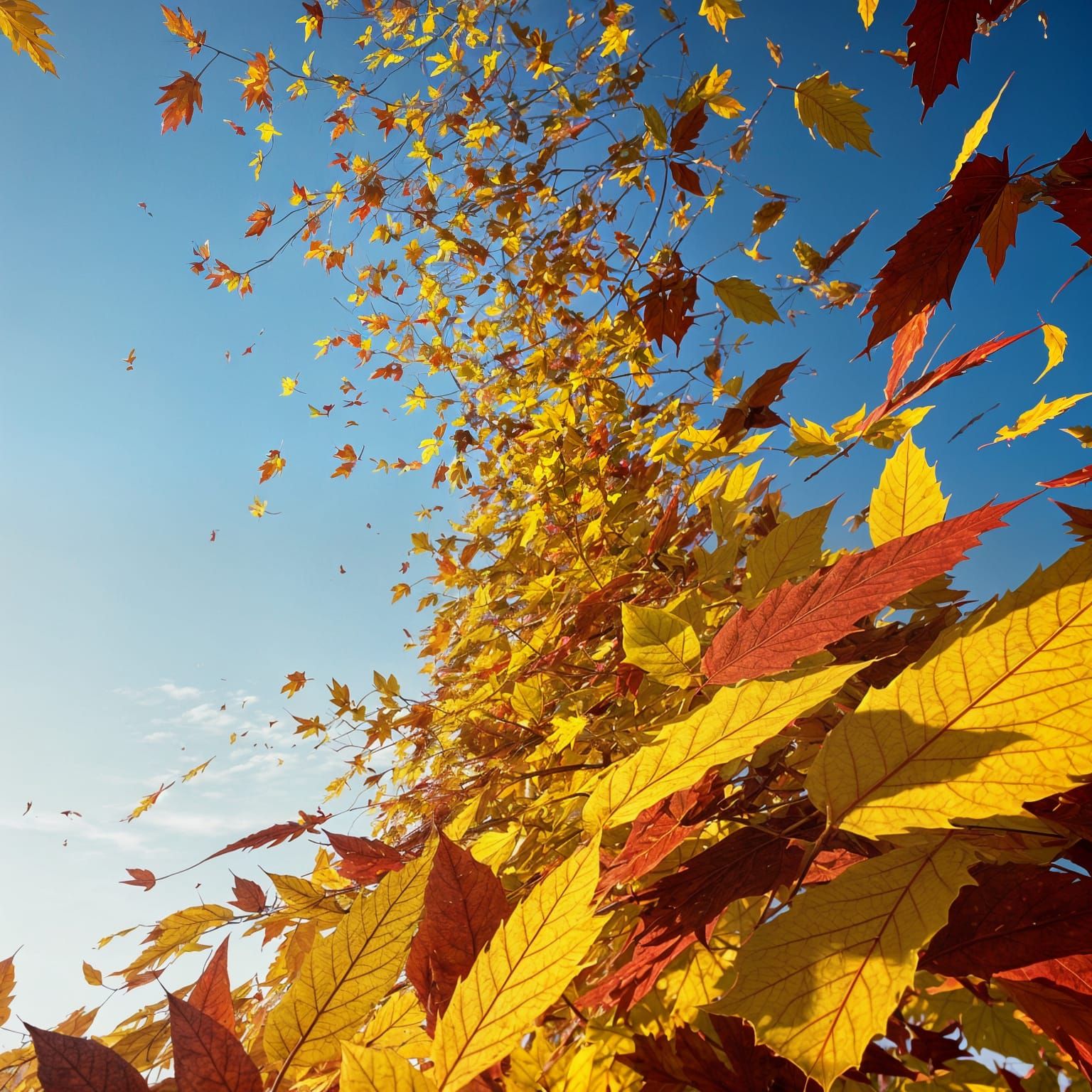 Autumn Leaves Swirling Against Blue Sky in 3D