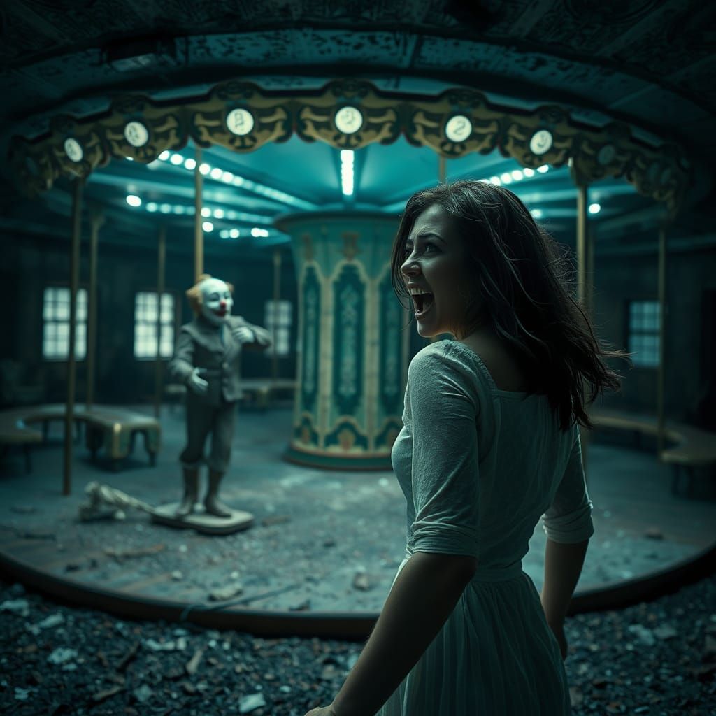 A woman in a decrepit, abandoned amusement park, screaming in horror as she backs away from a rusted, grinning clown fig...