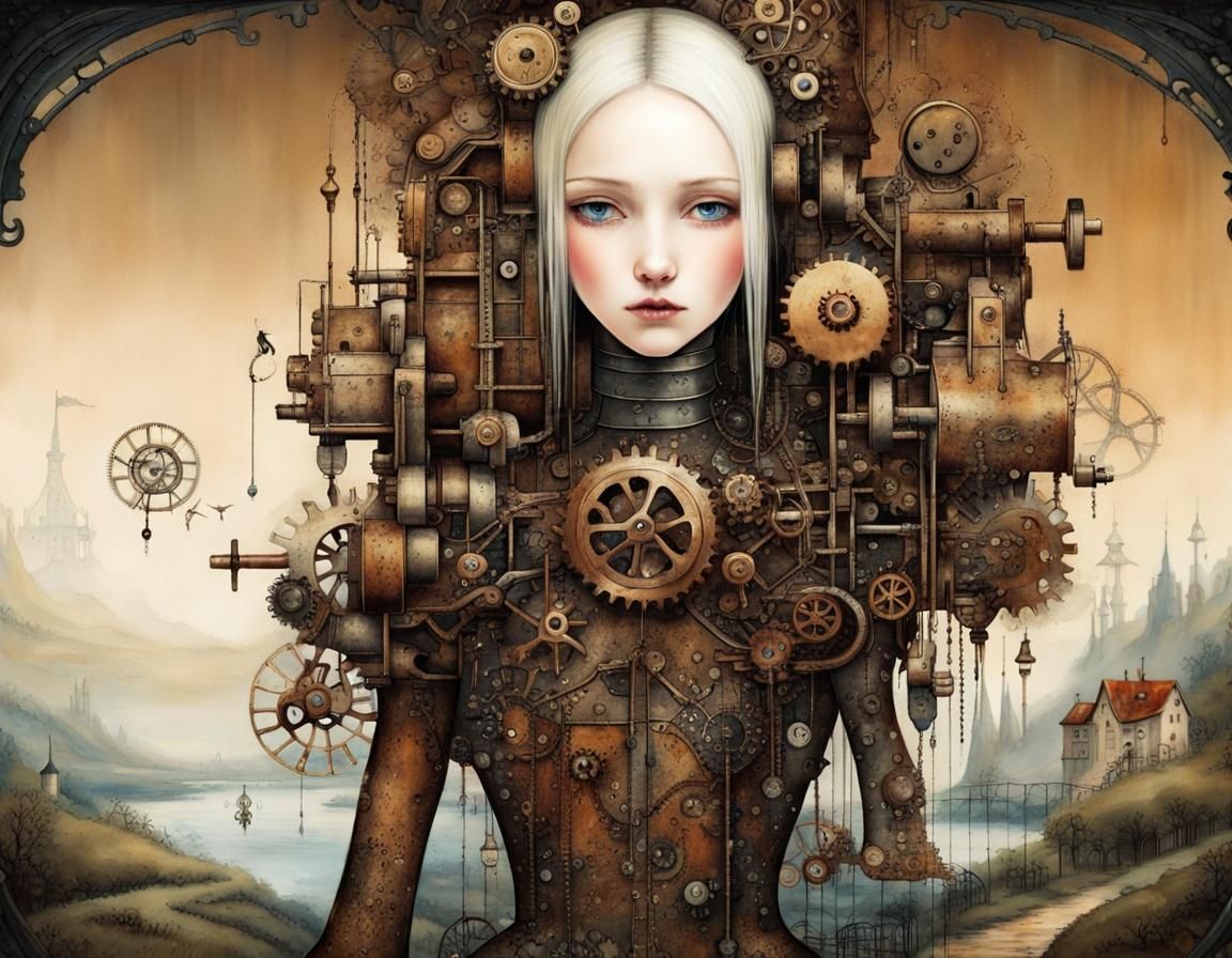 Automaton and Girl in Detailed Sprocket Landscape