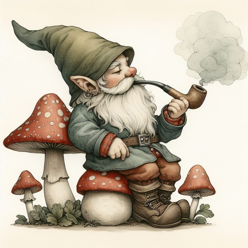 Gnome smoking a pipe on a mushroom in style of Wil Hugen