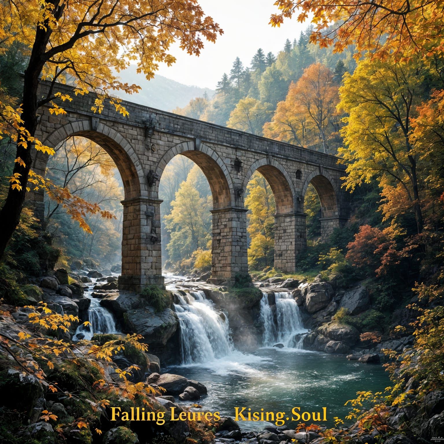 Ancient Stone Aqueduct in Autumn Forest