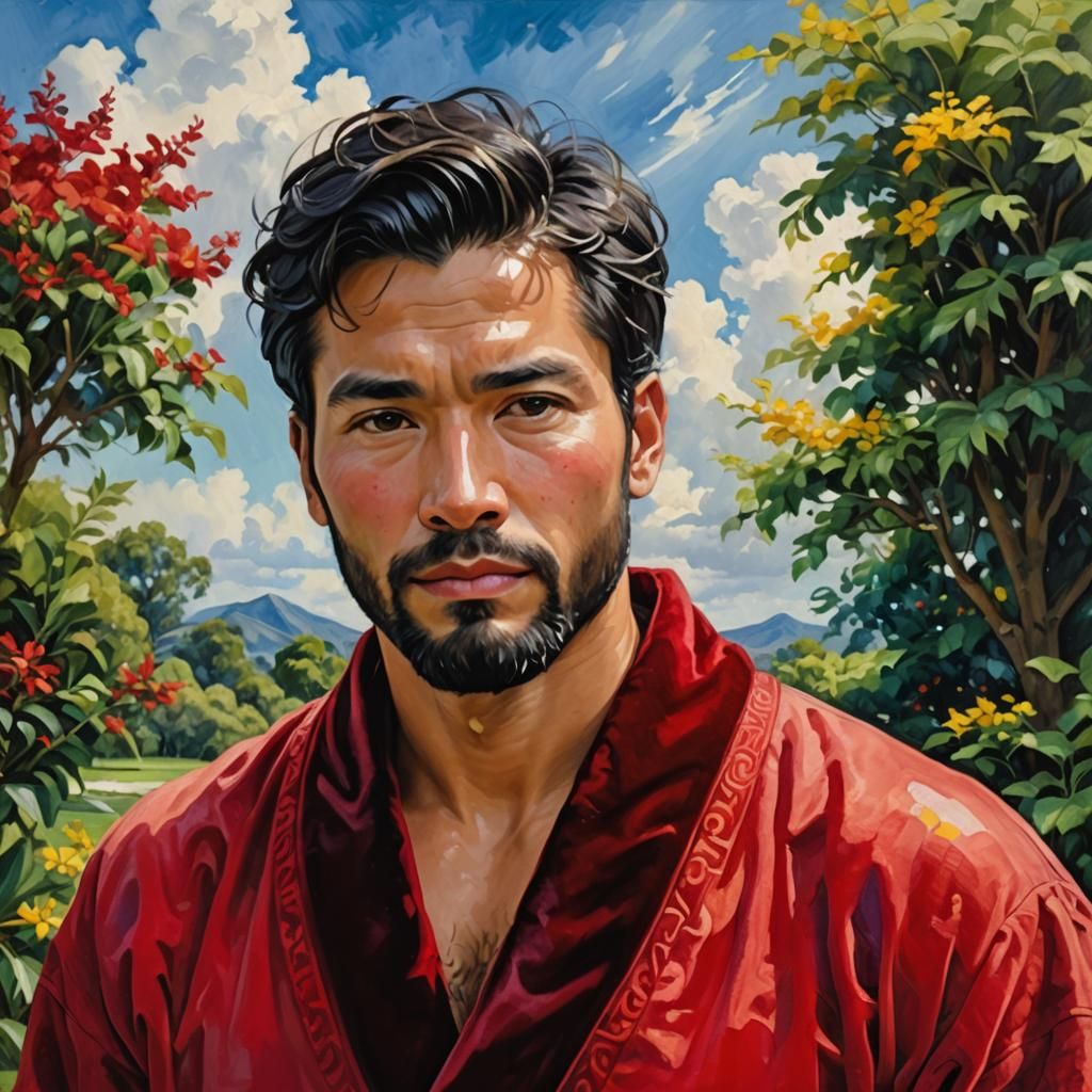Handsome Peruvian Gentleman in Red Velvet Bathrobe