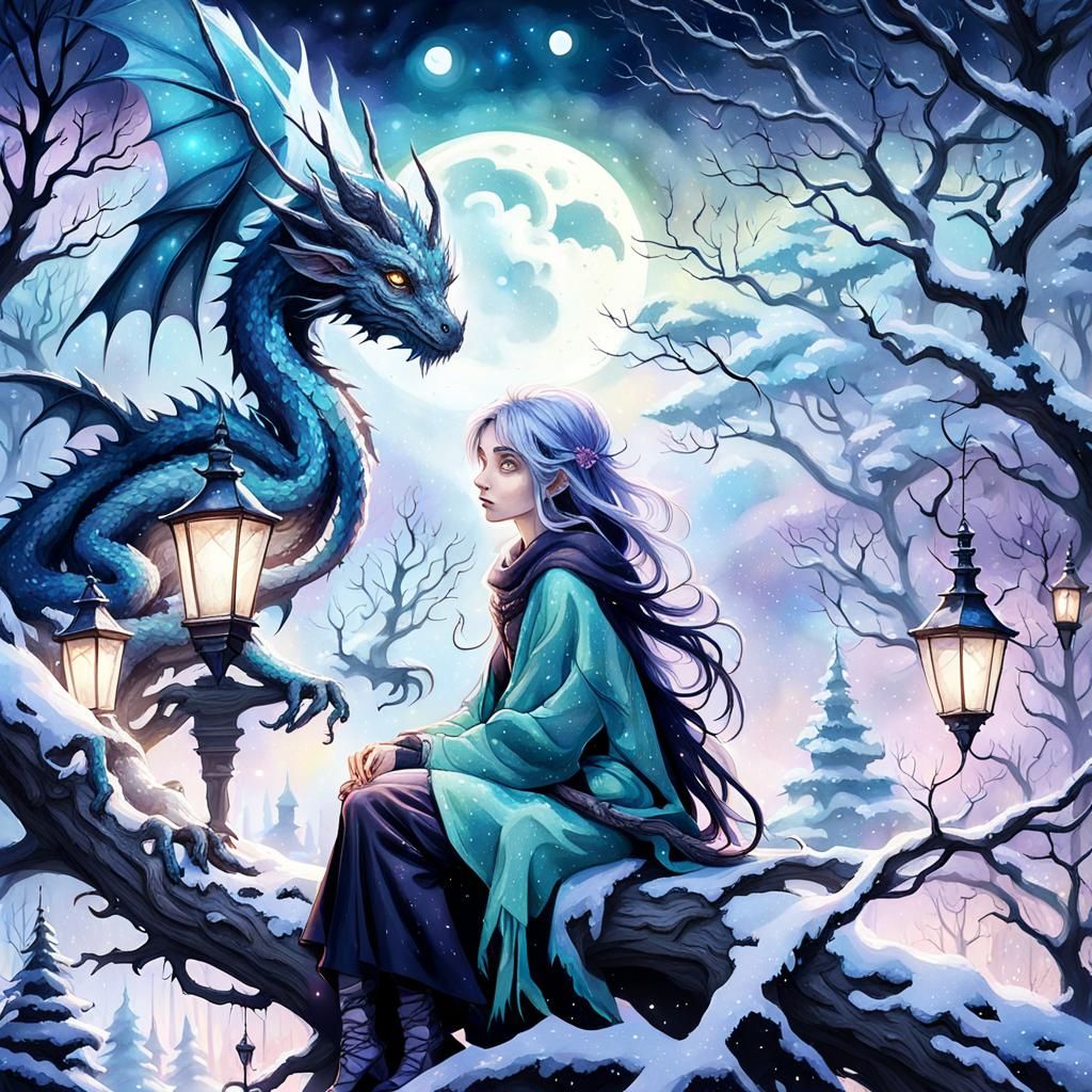 Girl and Dragon in Winter Wonderland: Watercolor Art