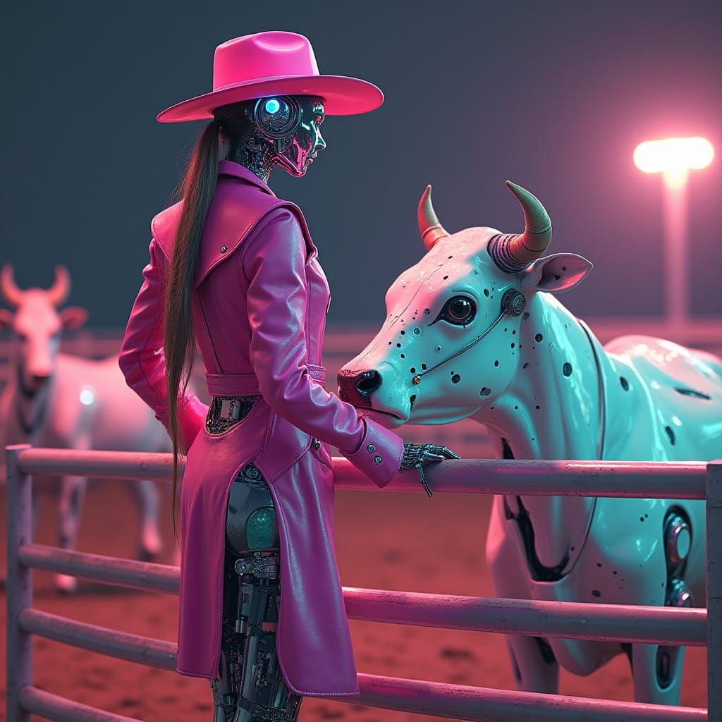 Robot Cowgirl Contemplates Neon Rodeo Scene in Cyberpunk Sty...