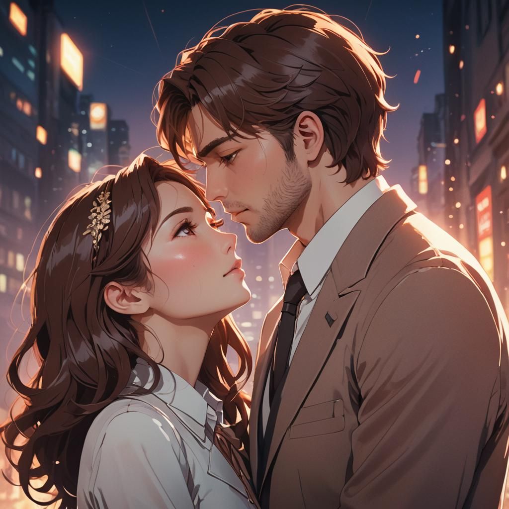 Romantic Anime Kiss in a Cityscape