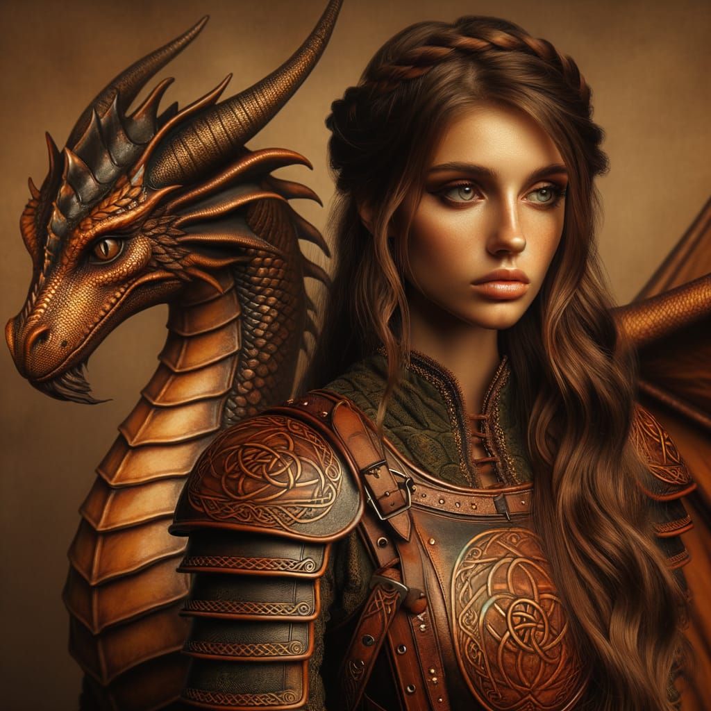 Hispanic Warrior Goddess with Dragon in Gold and Crimson