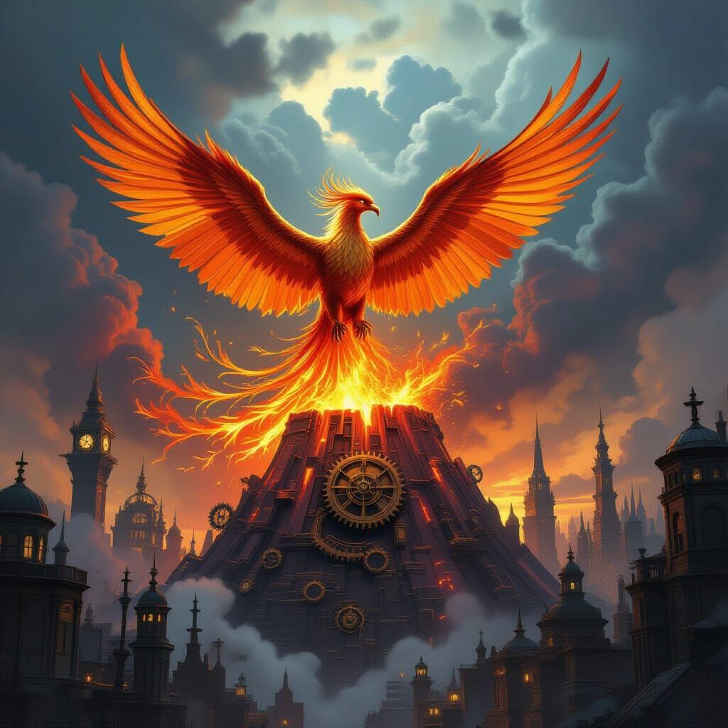 Phoenix Erupts From Clockwork Volcano in Steampunk City