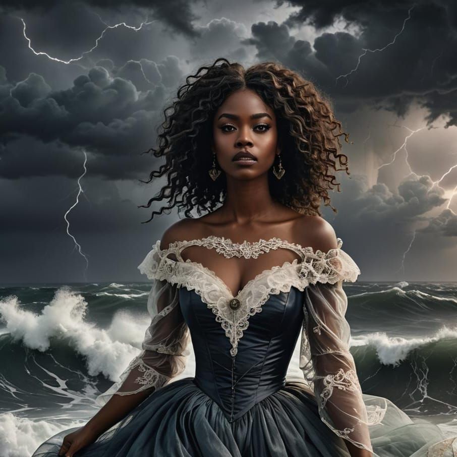 Victorian Woman on Stormy Shore: Digital Painting