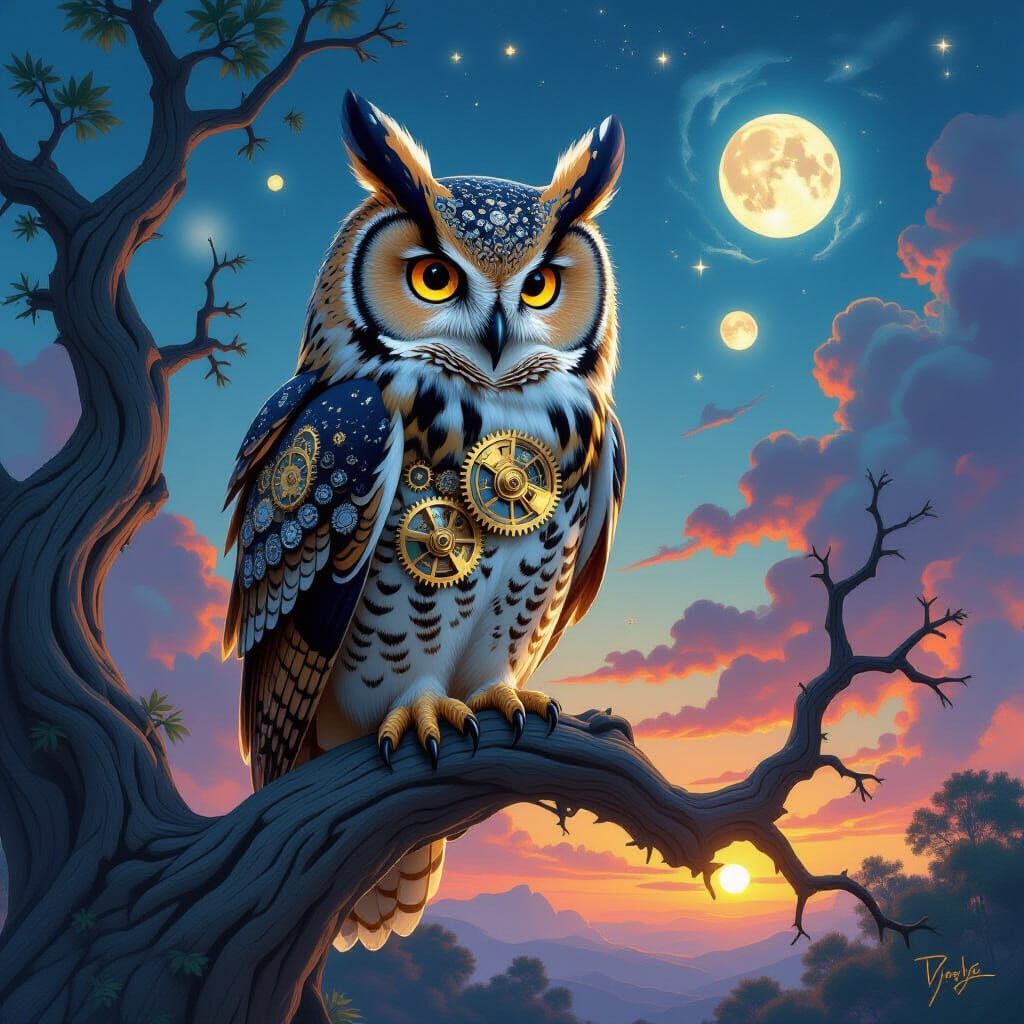 Steampunk Owl Perched on Ancient Branch Under Nebula Sky