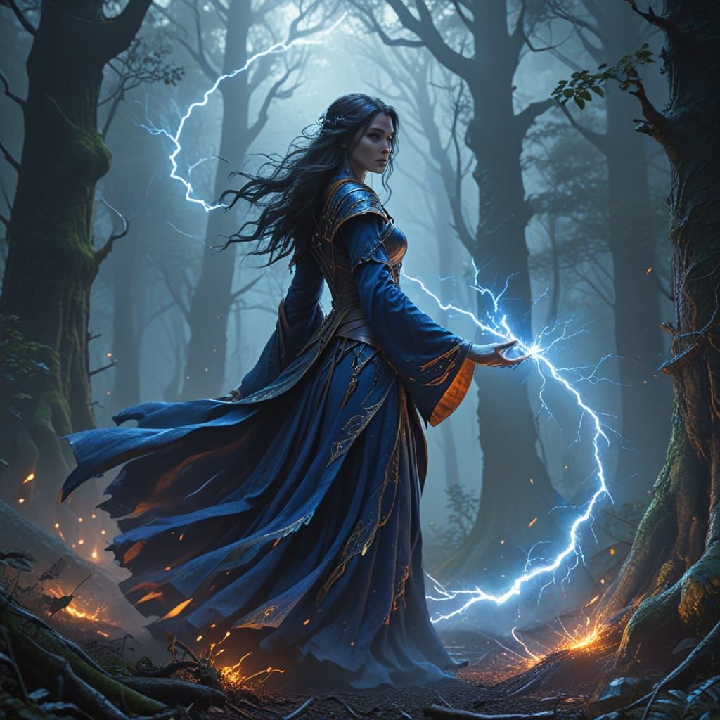 Sorceress Unleashes Vibrant Arcane Lightning in Ancient Fore...