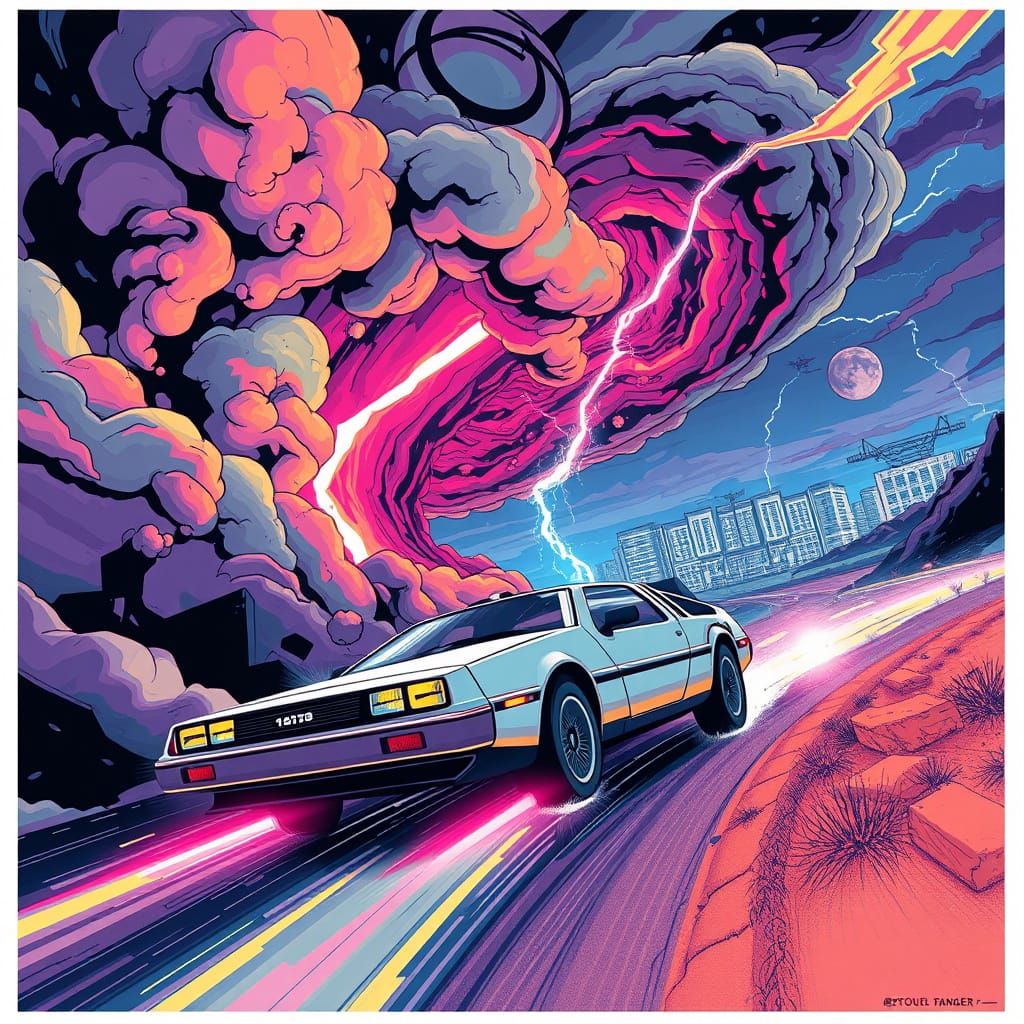 Timeless Futuristic Cityscape with DeLorean in Swirling Vort...